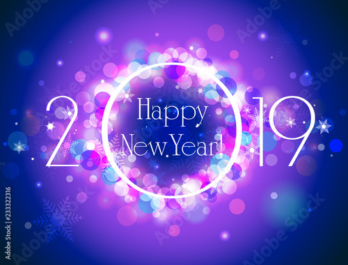 Happy New Year 2019 blue purple greeting card, sparkling defocused bokeh in winter and snowflake vector background