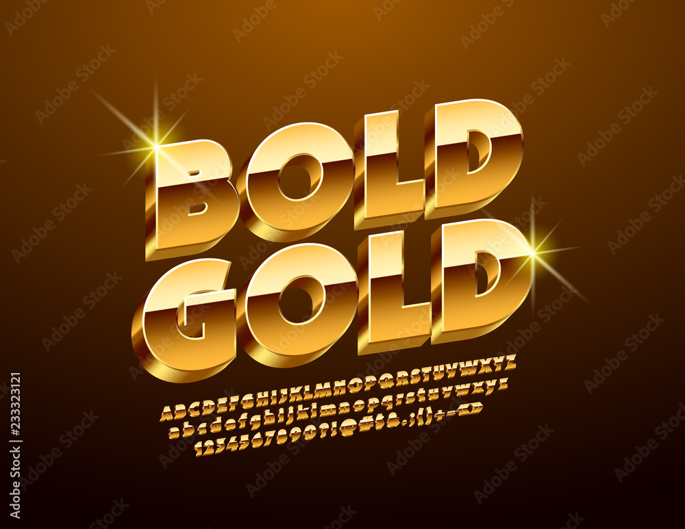Luxury Golden 3D Font. Chic Alphabet Letters, Numbers and Symbols.
