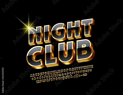 Elegant set of Black and Golden 3D Alphabet Letters, Numbers and Punctuation Symbols. Vector Logo with text Night Club.