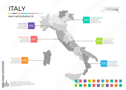 Italy map infographics with editable separated layers, zones, elements and district area in vector