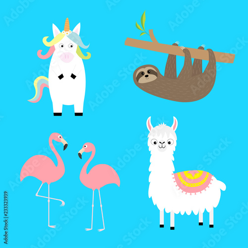 Alpaca, llama, flamingo, sloth, unicorn set. Cute cartoon funny kawaii character. Childish baby collection. T-shirt, greeting card, poster template print. Flat design. Blue background.