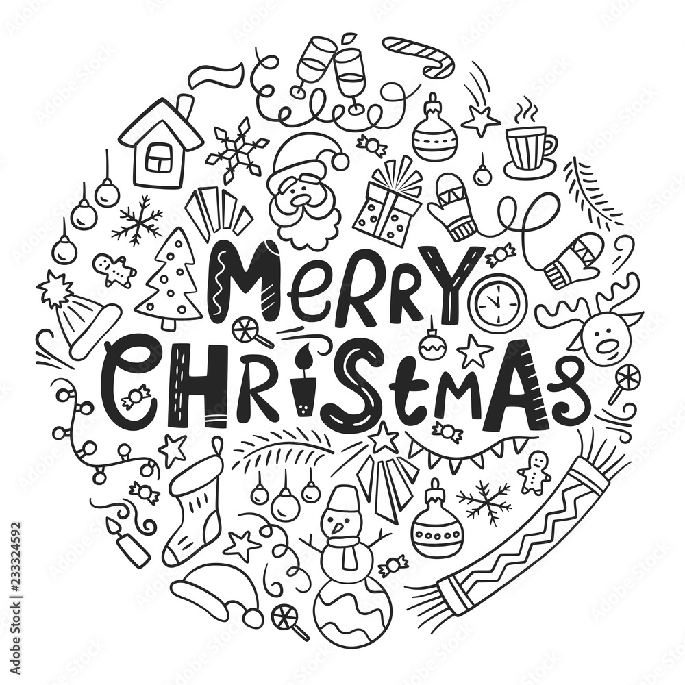 Merry Christmas. Christmas card with lettering and doodles. Vector illustration in doodle style