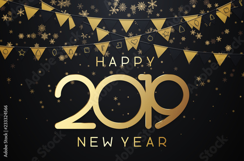 Black Happy New Year 2019 banner with golden paper flags and snow.