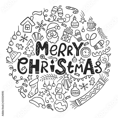 Merry Christmas. Christmas card with lettering and doodles. Vector illustration in doodle style