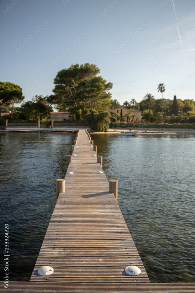 ponton bois amarrage bateau plage vacances à Saint-Tropez sur la mer devant une villa de luxe et un arbre centenaire Provence France Côte d'Azur