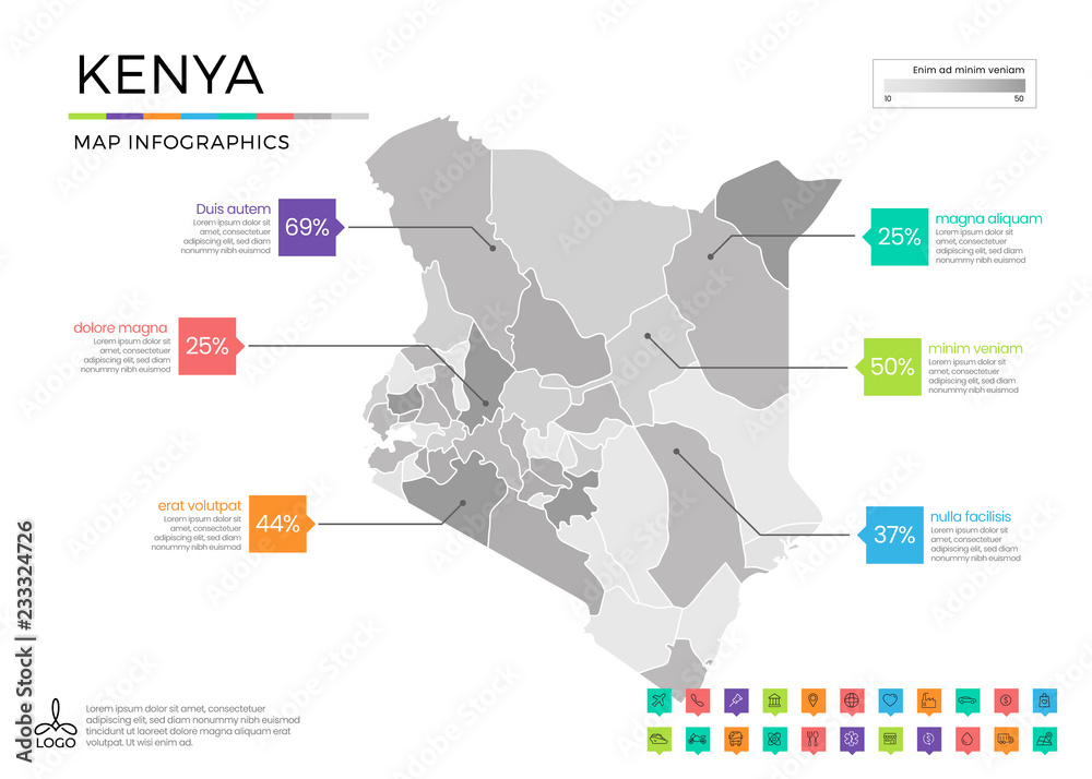 Fototapeta Kenya map infographics with editable separated layers, zones, elements and district area in vector