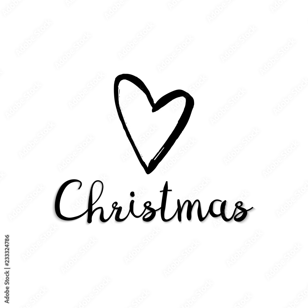 I Love Christmas. Christmas illustration. Black hand drawn heart and text Christmas isolated on white background.