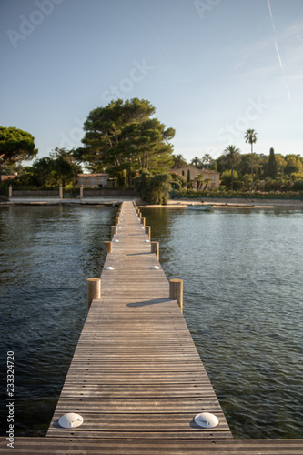 ponton bois amarrage bateau plage vacances à Saint-Tropez sur la mer devant une villa de luxe et un arbre centenaire Provence France Côte d'Azur