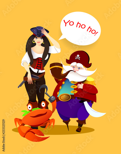 cartoon character pirate girl, captain and crab. Vector