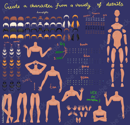 man characters set for animation. parts of body