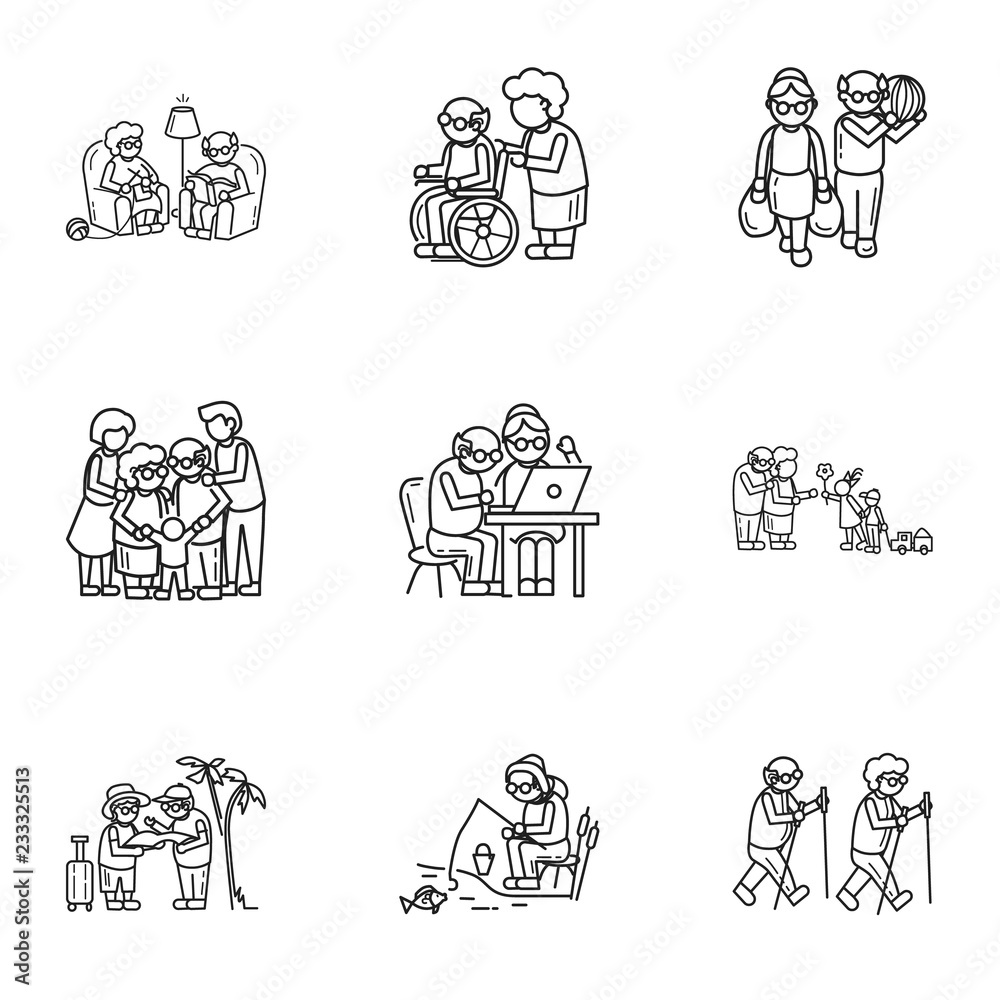 Older person life icon set. Outline set of 9 older person life vector icons for web design isolated on white background Older person life icon set. Outline set of 9 older person life vector icons for web design isolated on white background
