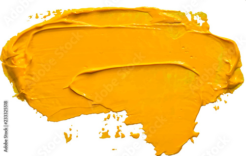 Textured yellow oil paint brush stroke,convex with shadows, isolated on transparent background. EPS 10 vector illustration.