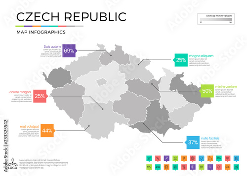 Czech republic map infographics with editable separated layers, zones, elements and district area in vector