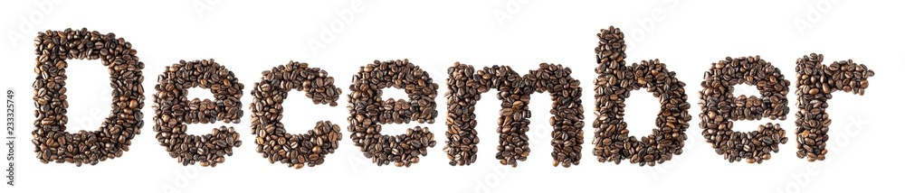 Coffee bean sort alphabetically. The word is December. Which is the month name. For the calendar or postcard New Year. isolated on white background and clipping path. Coffee bean sort alphabetically. The word is December. Which is the month name. For the calendar or postcard New Year. isolated on white background and clipping path.