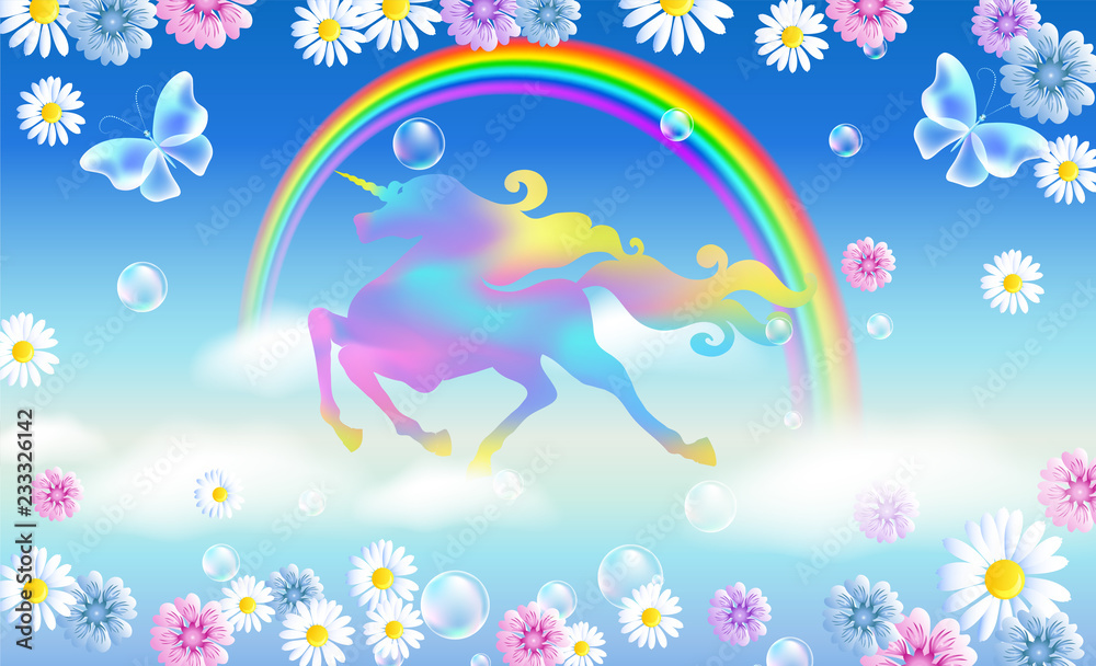 Rainbow in the sky and galloping unicorn with luxurious winding mane against the background of the iridescent universe with flowers