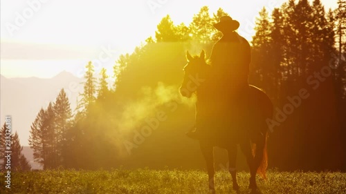 Silhouette of Cowboy Rider in sunset wilderness Canada