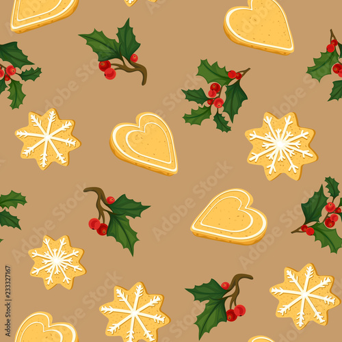 Seamless pattern with christmas cookies and holly