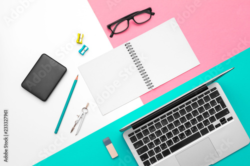 Set of office stationery and supplies, top view