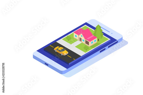 Online mobile taxi app isometric concept. GPS route point and Yellow cab.