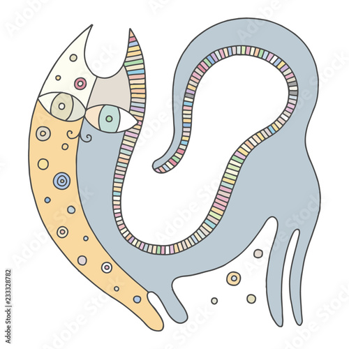 Vector hand drawn colorful illustration of isolated psuchedelic cat with decorative elements, dots. Line drawing. Picture for coloring. Childlike doodle style