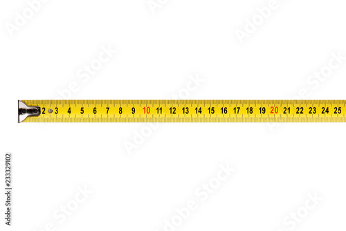 Yellow tape measure tool, isolated on white background