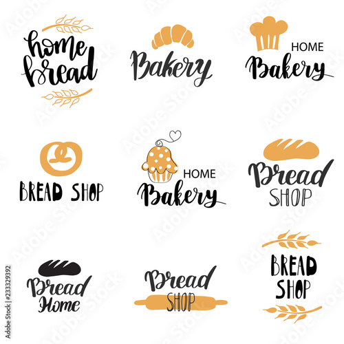 Vector Bakery, dessert shop or bakehouse logo set, tag or label design. Text and symbols on white background.