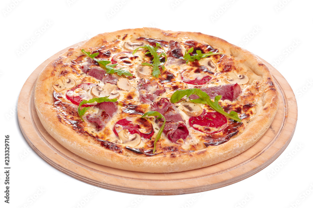 Delicious pizza served on wooden plate isolated on white