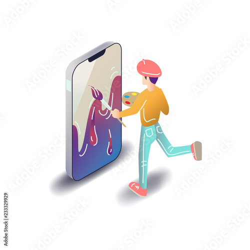 Vector app user illustration. Flat art with smartphone mobile application.