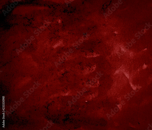 Dark red watercolor abstract background, stain, splash of paint, stain, divorce. Alarming, blood red gradient. Vintage pattern for design and decoration. With space for text.