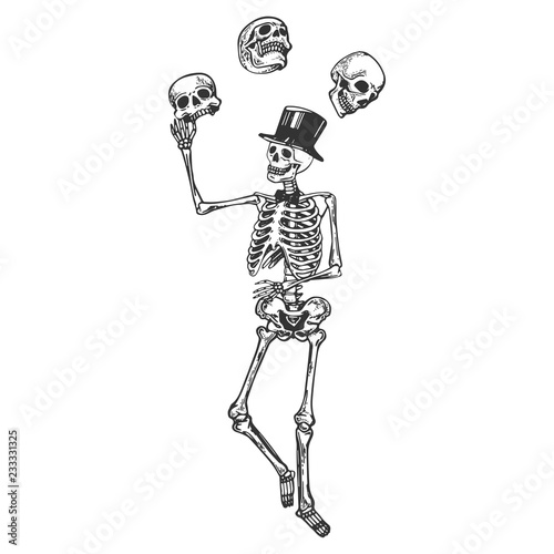 Skeleton juggles skulls Death metaphor engraving vector illustration. Scratch board style imitation. Black and white hand drawn image.