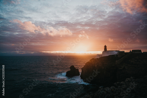 View of the lighthouse and cliffs at Cape St. Vincent in Portugal at sunset. The most south-western point of Europe.