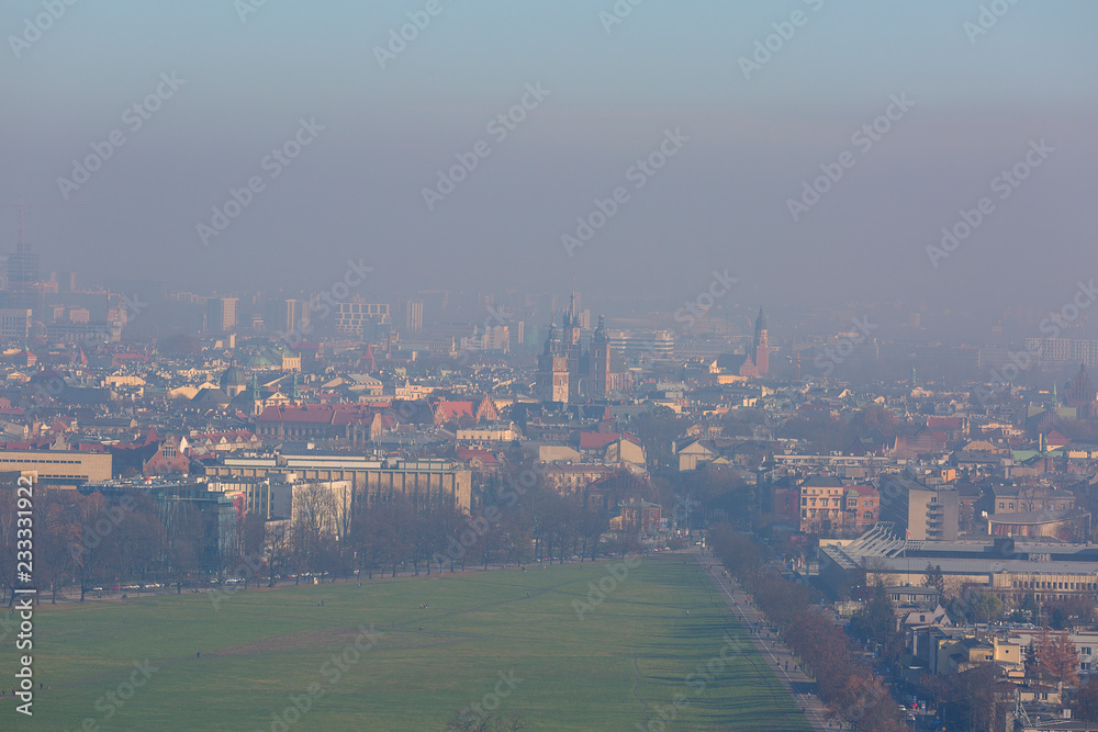 Dense smog over the city, aerial view of Krakow, Poland