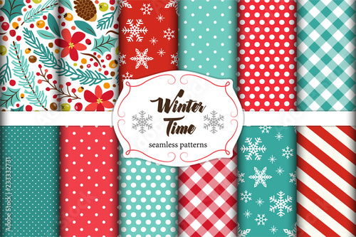 Cute set of winter holidays seamless patterns