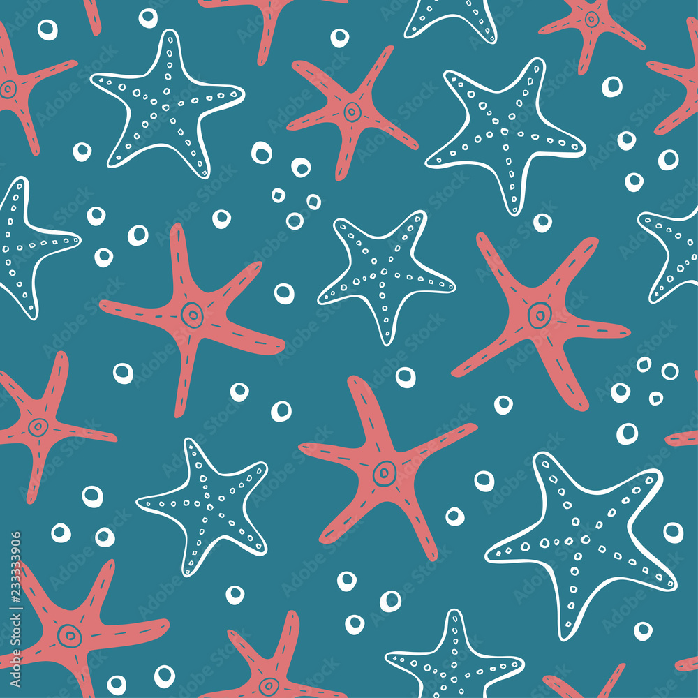 Marine seamless pattern. Vector sea life background with corals, sea star, shells. Hand drawn art illustration