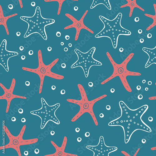 Marine seamless pattern. Vector sea life background with corals, sea star, shells. Hand drawn art illustration