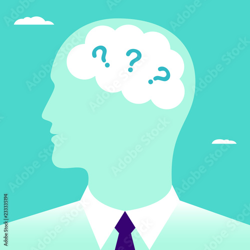 The questions in the human brain. Questions in the head businessmen. Business concept vector illustration.