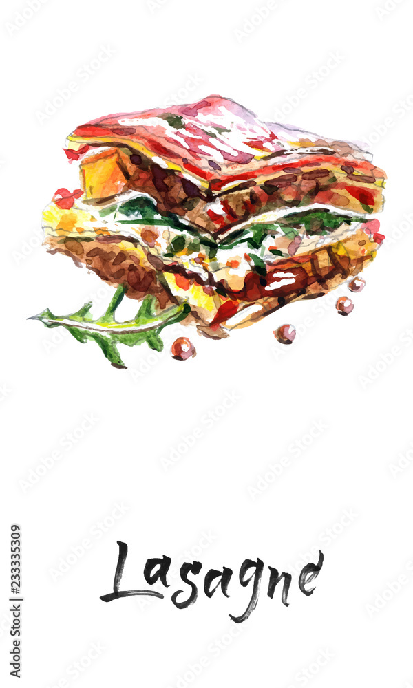 Tasty lasagne with meat covered with cheese, watercolor vector illustration
