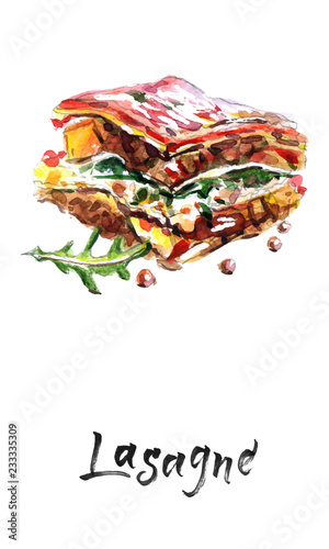 Tasty lasagne with meat covered with cheese, watercolor vector illustration