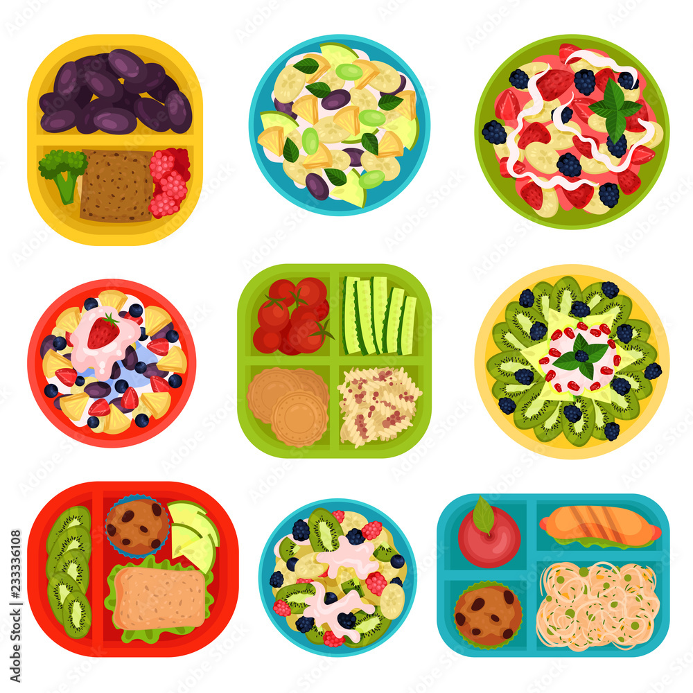 Flat vector set of bowls with fruit salads and lunch boxes with food. Healthy eating. Tasty dishes for breakfast
