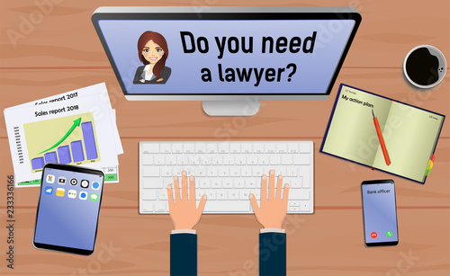 Top view on laptop computer with text Do you need a lawyer with mobile phone and tablet on office desk. With Business notebook (diary) with text action plan. Modern business workplace