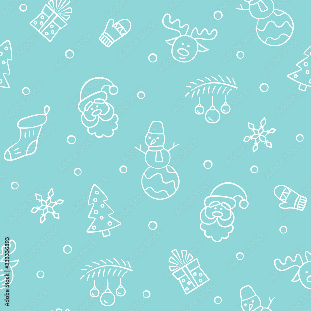 Merry Christmas. Seamless pattern with Santa Claus, christmas tree, reindeer, snowman, gift, snowflake and other. Vector illustration in doodle and cartoon style.
