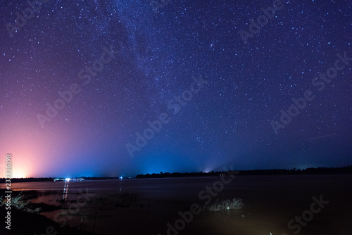 Stars in Night Sky in mekong river .