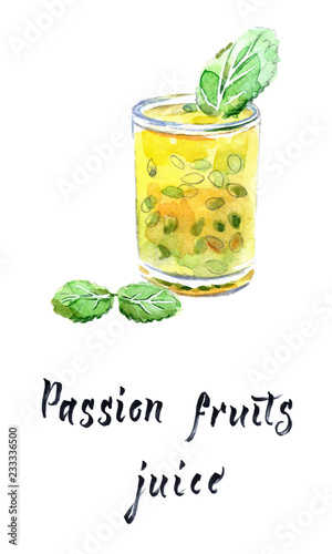 Passion fruit juice in glass with mint leaves