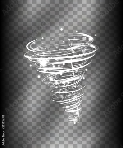 Hurricane Light effect. Vector Vortex tornado glowing, swirling storm cone of shining sparkles on transparent background. Glittering funnel, whirlwind flash, storm twist or blizzard funnel