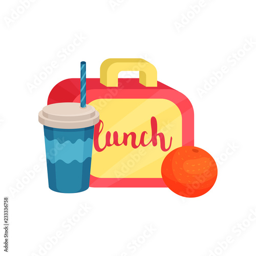 Lunch box, juicy orange, cocktail in plastic cup with lid and drinking straw. School food and drink. Flat vector design