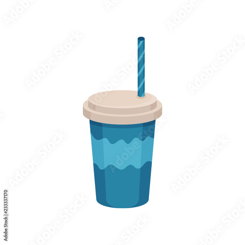Delicious cocktail in blue plastic cup with lid and drinking straw. Tasty beverage. Flat vector icon