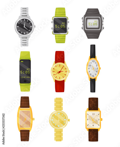 Flat vector set of mechanical and digital wrist watches. Stylish accessory. Electronic devices