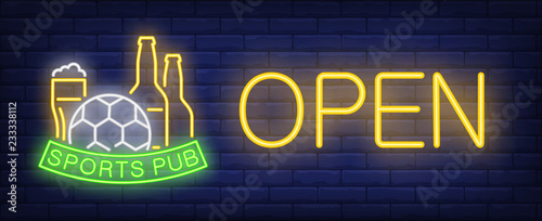 Sports pub, open neon text with football and beer. Football advertisement design. Night bright neon sign, colorful billboard, light banner. Vector illustration in neon style.