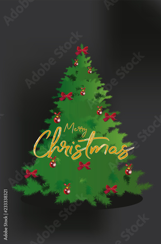 Christmas tree with decorations from red ribbons and balls. Christmas decoration card. 
