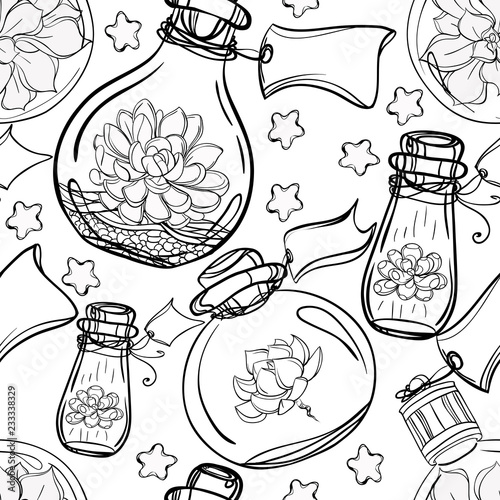 Glass Bottles. Vector. Kitchen objects,style sketch,Black and white drawing isolated on white. Design for coloring book page for adults and kids,seamless pattern